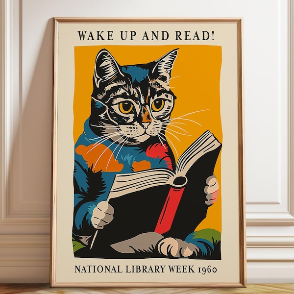Cat Reading Poster - Wake Up and Read! - National Library Week 1960 Wall Art – Poster, Framed and Canvas Print