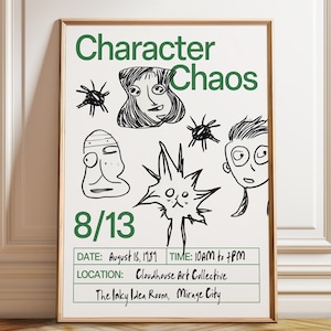 Muurkunst abstracte gezichten – Chaos-kunstafdruk karakter – doodle stijl cartoonposter – grillige schets decor – poster, ingelijste en canvasafdruk