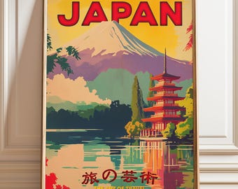 May include: A framed travel poster featuring a stylized illustration of Mount Fuji and a red pagoda by a lake. The text reads JAPAN, JOURNEY IN FRAMES, LANDSCAPES OF MEMORY, 旅の芸術, and THE ART OF TRAVEL. The color palette includes yellow, red, and green.