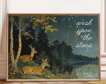 Starry Night Deer Art Print: Woodland Twilight Landscape