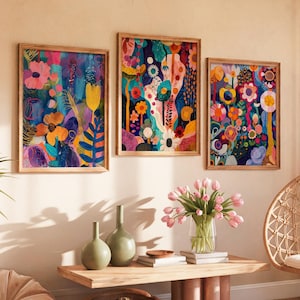 Matisse Style Floral Abstract Art Prints - Vibrant Botanical Set of 3