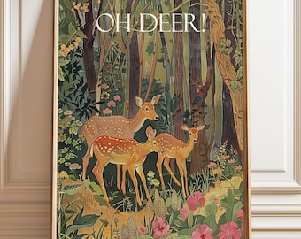 Forest Deer Family Art Print – Woodland Nursery Wall Decor with Vintage Floral Detail