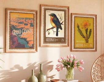 Arizona Grand Canyon Wall Art Set Grand Canyon Art Cactus Wren Bird & Cactus Blossom Posters