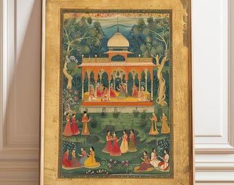May include: A rectangular framed print featuring a detailed miniature painting of a pavilion scene with multiple figures in traditional attire. The artwork displays a golden border, lush green trees, and a central orange structure with a dome.