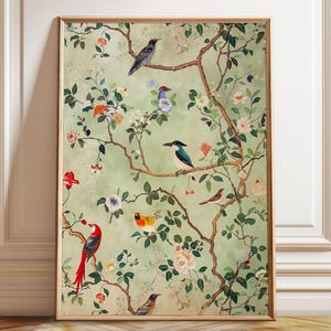 Colorful Birds and Flowers Poster - Chinoiserie Inspired Designs Wall Decor - Grand Palace Wallpaper Art – Poster, Framed and Canvas Print