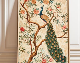Peacock Art Print: Floral Elegance, Vibrant Nature Design