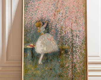 絵画原画（レースのひだに包まれて）　ヨーキーと少女の絵　レースのある室内風景画 ジョルジュ・ピカールのアートプリント：ロマンチックな花の木の風景