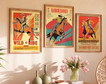 Póster vintage de rodeo: arte mural de vaqueros texanos - Decoración del oeste