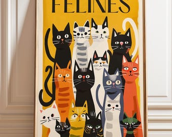 Stampa artistica di gatti in stile Matisse: illustrazione felina colorata
