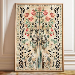 Póster de arte floral y bambú indio - Decoración de pared tradicional inspirada en la naturaleza - Ilustración serena - Póster, marco e impresión en lienzo