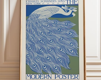 Póster de la exposición "Pavo real" - Impresión de arte moderno de Charles Scribner's Sons, decoración de pared Art Nouveau azul vintage