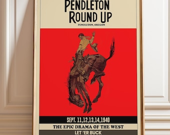 Pendleton Round-Up Rodeo Poster | Vintage Cowboy Bronco Print | Western Americana Wall Art Decor