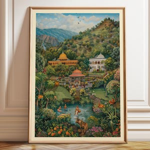 Indian Pichwai Art Print: Paradise Garden Landscape, Temples Wall Decor