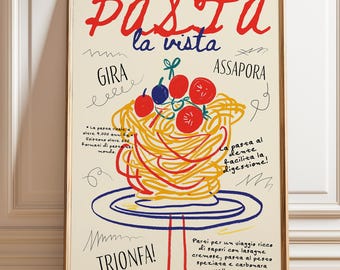 Pasta afbeelding afdrukken | Italiaans eten poster, spaghettikeuken muurkunst | Retro culinair typografiedecor