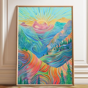Abstrakter Berg Sonnenaufgang Poster - Bunte Sonne und Berge Landschaft Wandkunst - Moderne Natur – Poster, gerahmt und Leinwanddruck