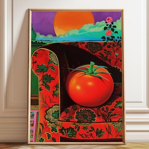 Tomato on Floral Armchair Art Print: Surreal Still Life Poster
