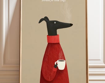 Dog Drinking Coffee Art Print: Cozy Canine Coffee Lover Poster
