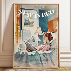 Retro Woman Reading in Bed Art Print: Cozy Morning Artwork