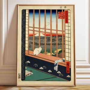 Japanese Cat Ukiyo-e Poster: Asakusa Ricefields, White Cat Art