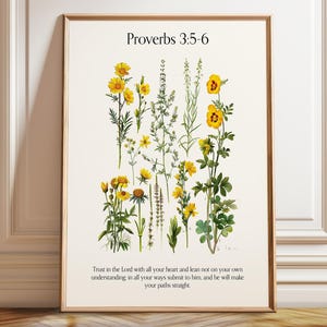 Stampa artistica da parete Proverbi 3:5-6 – Poster con versetti biblici botanici gialli, decorazione da parete con fede cristiana – Poster, stampa con cornice e su tela