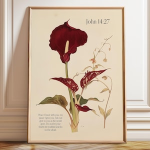 John 14:27 Bible Verse Wall Art - Red Botanical Flower Christian Scripture Print - Faith Floral Poster – Poster, Framed, and Canvas Print