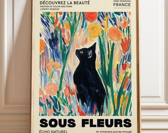 Black Cat Floral Art Print: French Expressionism Exhibition Poster