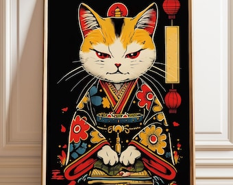 Samurai Cat Art Print – Japanese Kimono Warrior Cat Illustration Poster