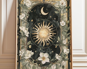 Celestial Sun and Moon Art Print: Botanical Magnolia Wall Art