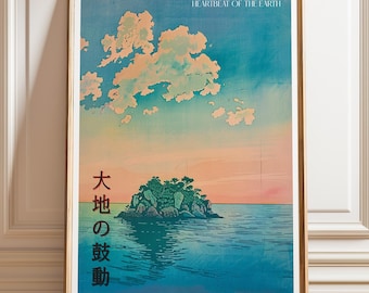 Lámina artística de una isla japonesa: paisaje costero retro, decoración minimalista para el hogar