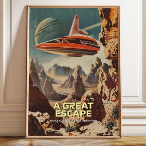 Retro-Futuristic Space Travel Art Print: Alien Landscape, Red Spaceship