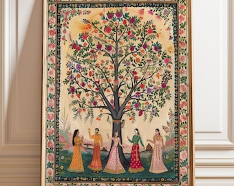Indian Pichwai Art Poster: Traditional Women Under Tree