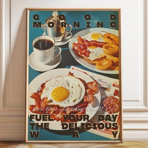 Breakfast Art Poster - Bacon and Eggs Wall Art Retro Diner Decor - Breakfast Food Artwork Wall Decor – Poster, Framed and Canvas Print