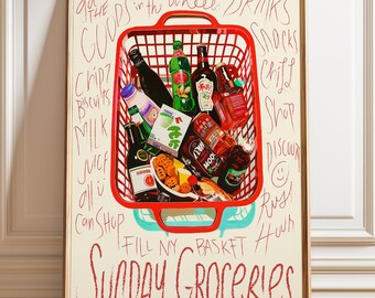 Sunday Groceries Basket Print, Retro Foodie Kitchen Poster with Red Shopping Cart, Playful Market Illustration