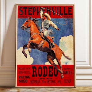 1951 Stephenville Texas Rodeo Poster – Vintage Cowboy on Bucking Horse Western Wall Art Print