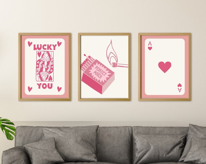 Contemporary Elegance: Pink Playing Cards - Ace of Hearts, Queen of Hearts Lucky, Perfect Match - Modern Wall Art and Aesthetic House Decor