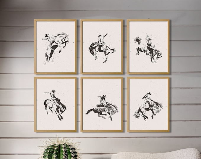 Energetic rodeo ponies, Set of 6 posters ready for action in the arena Equine Wall Decor
