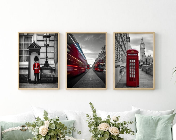 London Black and White with a Splash of Vibrant Red Color Travel Photos Set of 3 London City Prints London Cityscape Trio of Posters