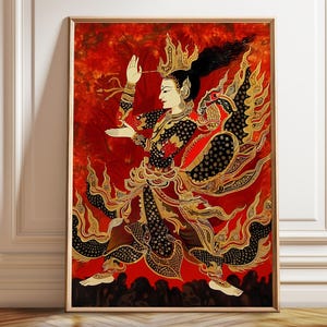 Thai Dancer Art Print: Red & Gold Southeast Asian Cultural Poster
