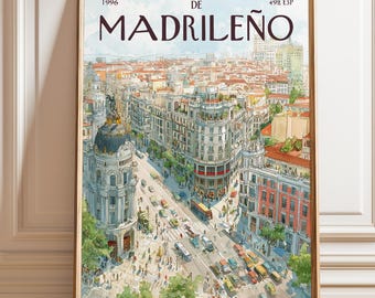 Póster de la calle madrileña / Paisaje urbano de Madrid / Arte mural de viajes por España
