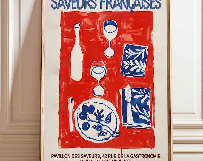 French Bistro Table Art Print – Modern Red Blue Kitchen Poster, “Saveurs Françaises”