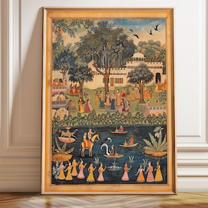 Indian Pichwai Village Scene Poster: Vibrant Cultural Landscape Art