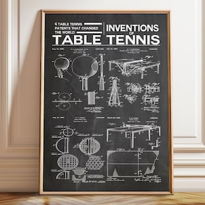 Table Tennis Inventions Patent Druck: Ideales Wanddekor-Geschenk für Sport-Enthusiasten - Poster, gerahmt und Leinwanddruck
