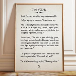 チェロキー族の二匹のオオカミの物語の版画：ネイティブアメリカンの寓話、マインドフルネスアート