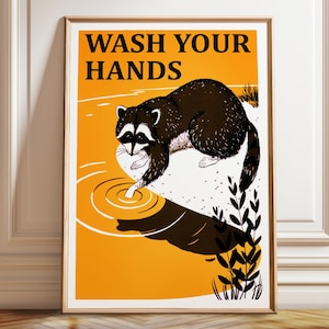 Was je handen wasbeerposter | Kunst wastafel in vintage stijl | Hygiënische dierenprint