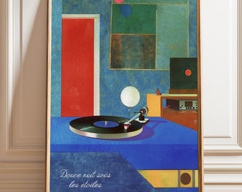 Mid-Century Modern Record Player Art Print – Starry Night Serenade Wall Decor