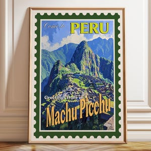 Machu Picchu Reiseposter - Retro Briefmarken Design ""Come to Peru"" Wandkunst - Peruanische Wahrzeichen zum Welterbe - Poster, gerahmt und Leinwanddruck."