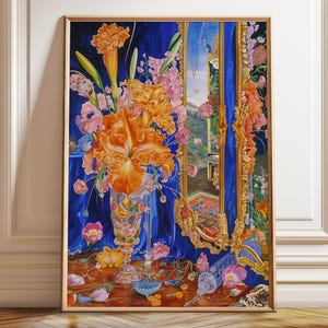 Impresión artística de ventana con jarrón floral - Póster decorativo de ventana con arte floral - Decoración de pared floral para el hogar - Póster, marco e impresión en lienzo