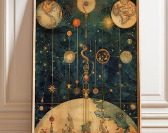 May include: A vertical wall art print featuring a dark teal celestial map with gold lines connecting various planets, moons, and stars. Two large globes are positioned at the top, while a large partial globe sits at the bottom center.
