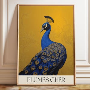 Stampa artistica di uccelli tropicali con pavone, poster di una mostra francese, immagine moderna di un pavone – poster, stampa incorniciata e su tela