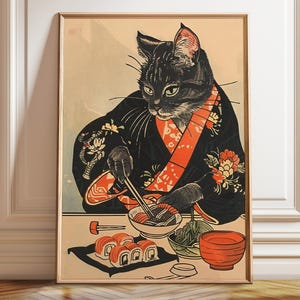 Poster artistico con gatto Sushi Master - Cucina tradizionale giapponese, decorazione da parete per amanti dei gatti - Opera d'arte sulla cucina asiatica - Poster, stampa con cornice e su tela